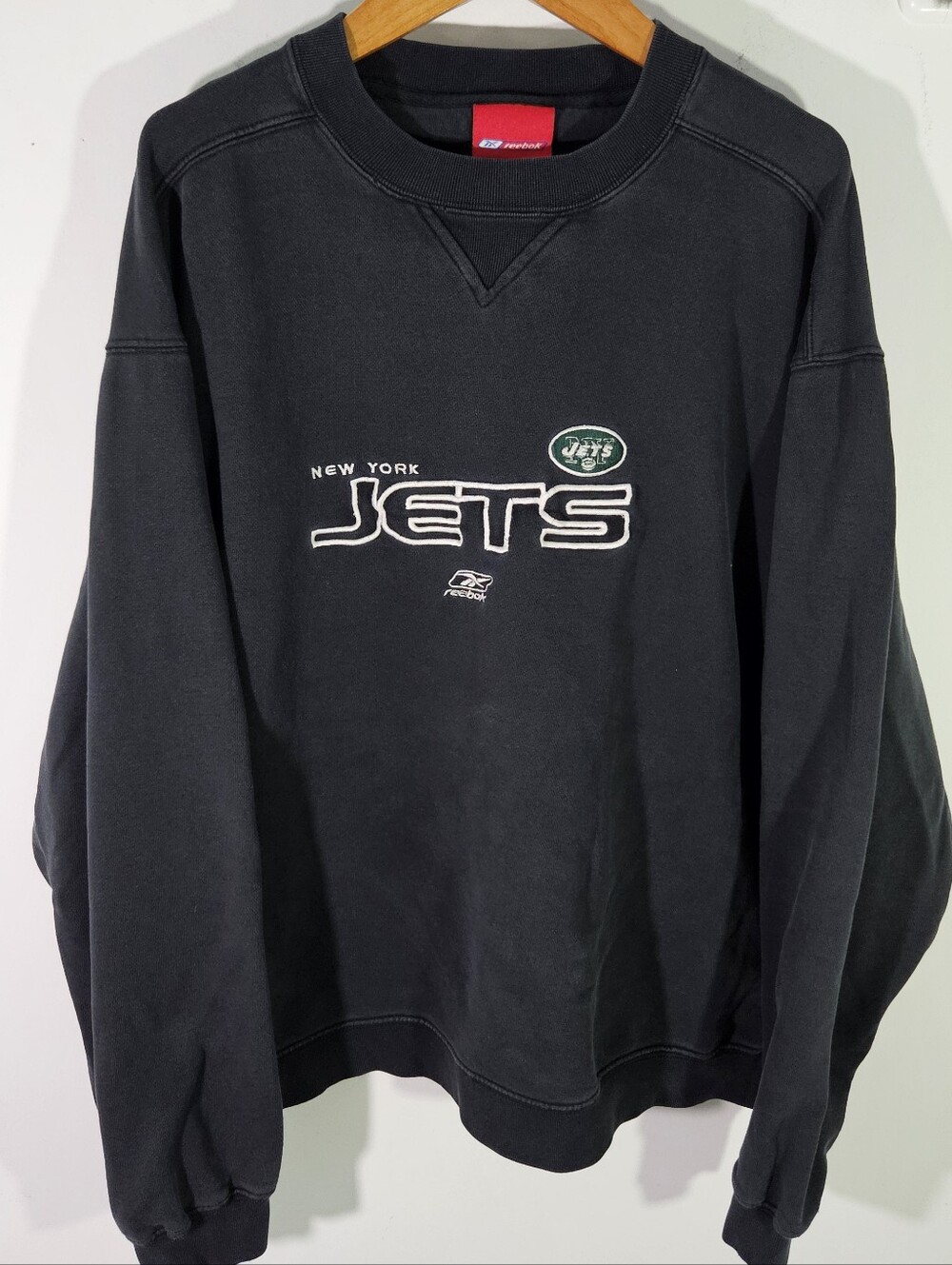 2000's Reebok NFL New York Jets Black Embroidered Crewneck Pullover Sweatshirt!